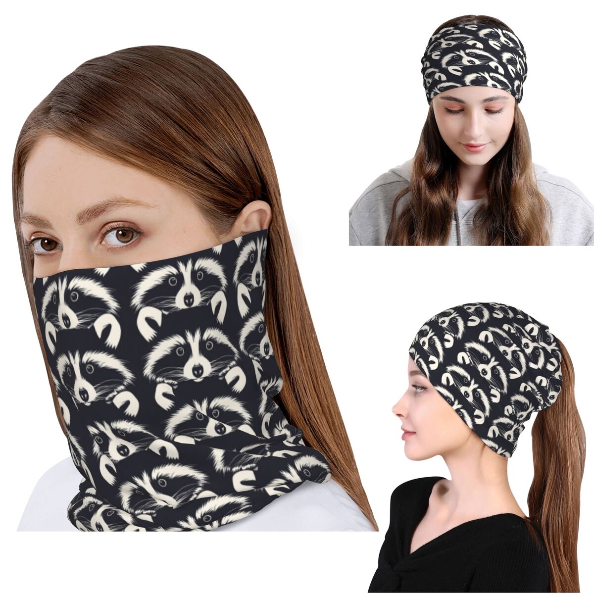 Bandana Blank White - Czarno-biała bandana z wzorem twarzy szopa